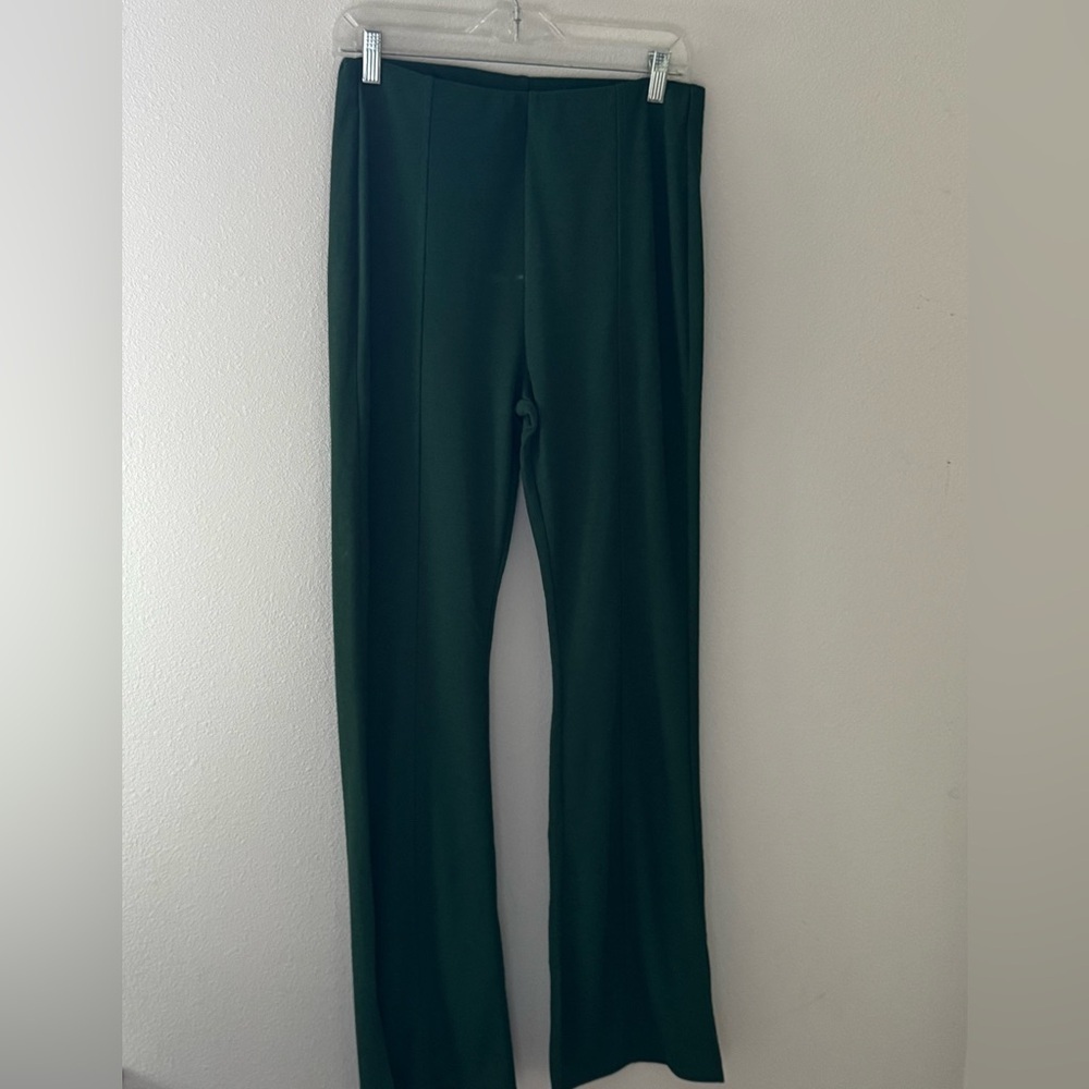 ZARA Trafaluc flair bottom green pants pull on elastic waist side slits Sz L‎